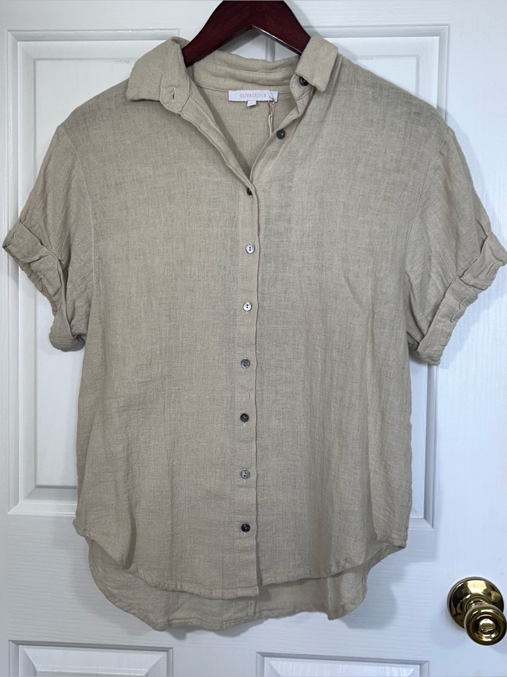 Olivaceous Womens 100% Linen Short Sleeve Button Up Shirt Blouse Beige Small NWT